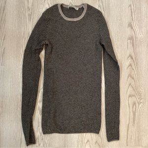 Vince Cashmere Striped Sweater Stretchy Black Tan Crew Neck Long Sleeved